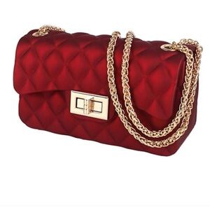 Le Miel Jelly Rubber Shoulder Bag Clutch Quilted Iridescent Red Gold Chain Strap